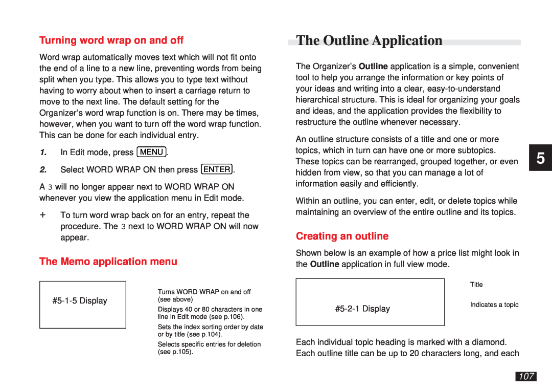 Sharp OZ-5600 The Outline Application, Turning word wrap on and off, The Memo application menu, Creating an outline 