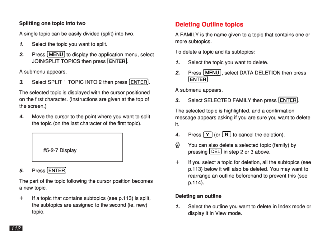 Sharp OZ-5600 operation manual Deleting Outline topics, Splitting one topic into two, Deleting an outline 