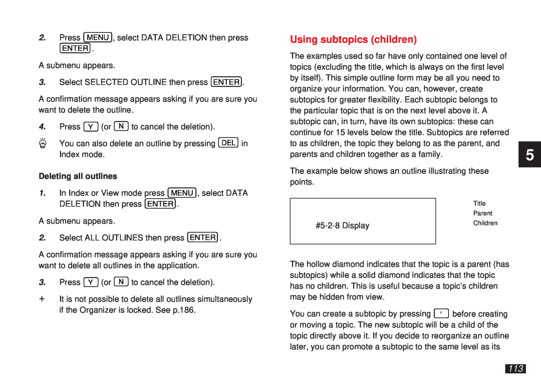 Sharp OZ-5600 operation manual Using subtopics children, Deleting all outlines 