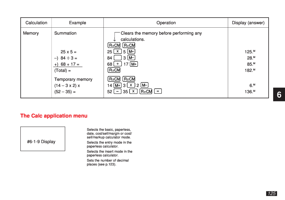 Sharp OZ-5600 operation manual The Calc application menu 