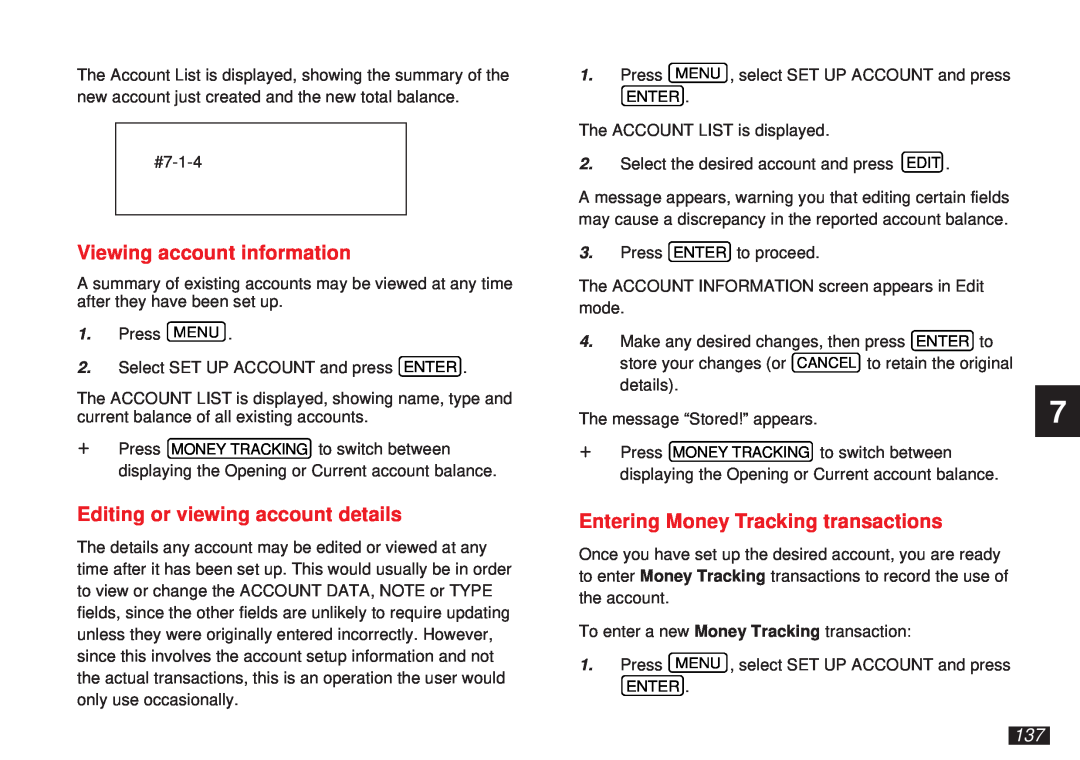 Sharp OZ-5600 Viewing account information, Editing or viewing account details, Entering Money Tracking transactions 