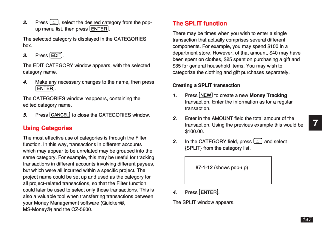 Sharp OZ-5600 operation manual Using Categories, The SPLIT function, Creating a SPLIT transaction 