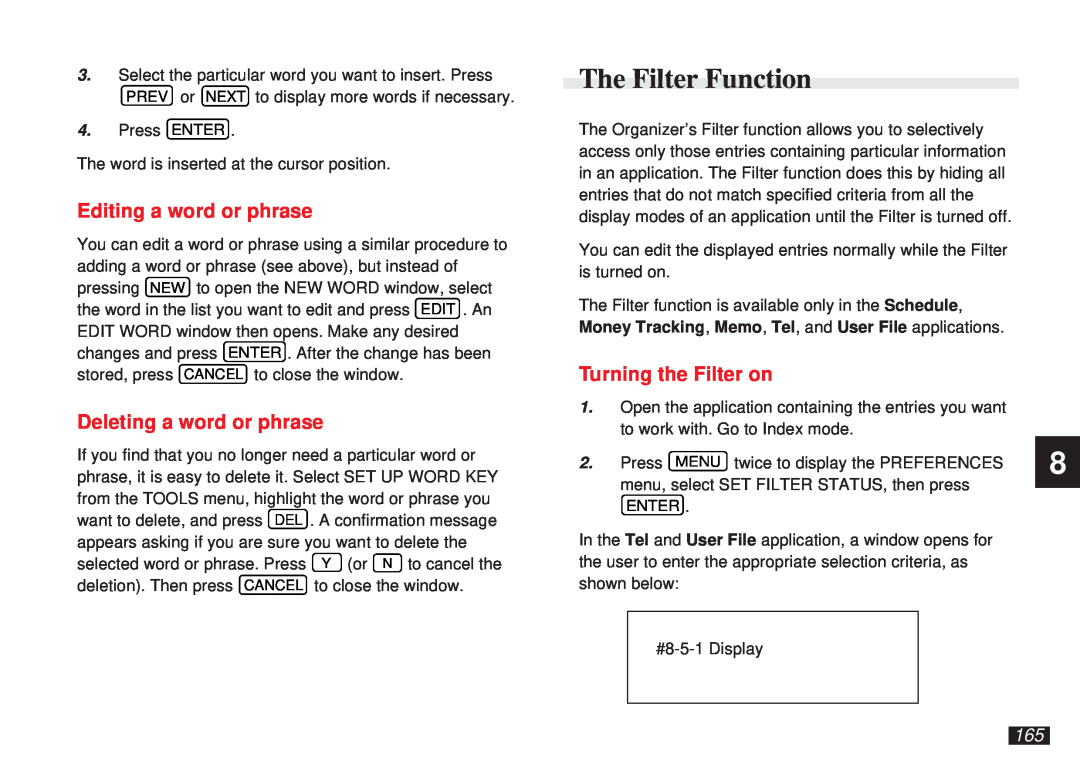 Sharp OZ-5600 The Filter Function, Editing a word or phrase, Deleting a word or phrase, Turning the Filter on 