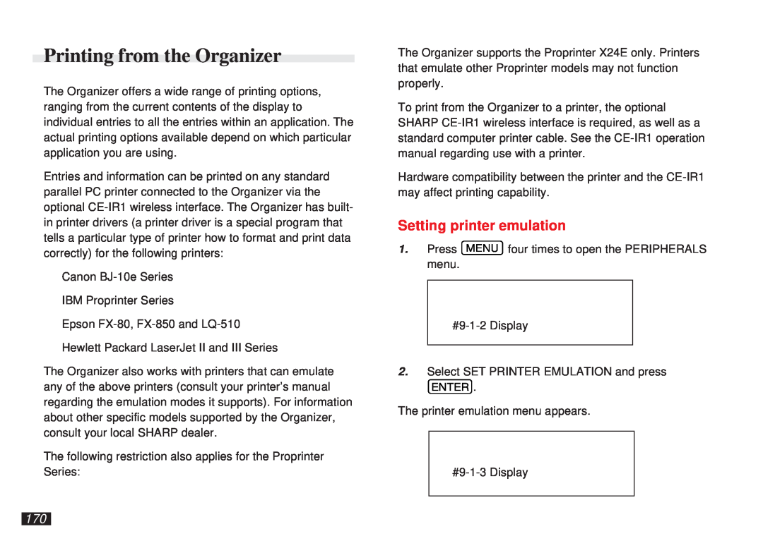 Sharp OZ-5600 operation manual Printing from the Organizer, Setting printer emulation 