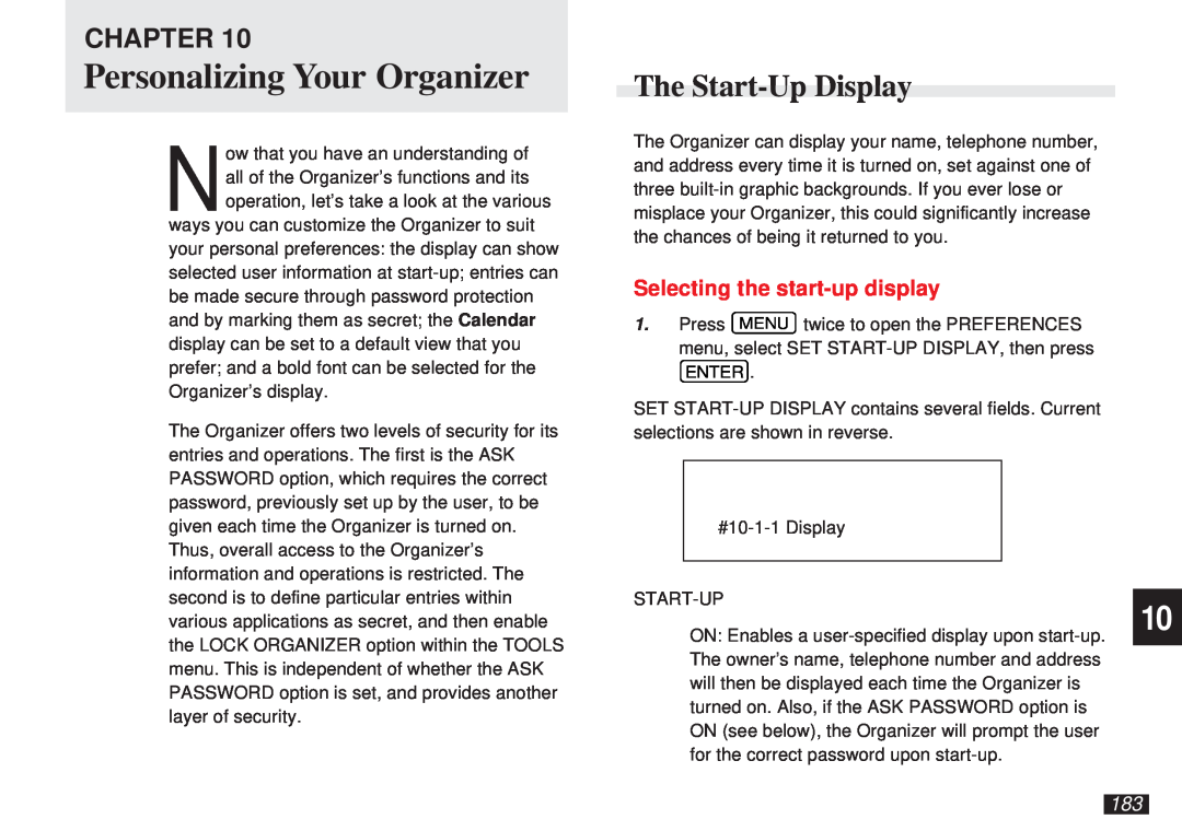Sharp OZ-5600 operation manual Personalizing Your Organizer, The Start-Up Display, Selecting the start-up display, Chapter 