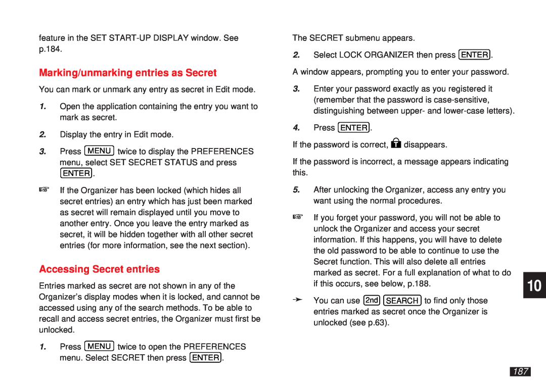 Sharp OZ-5600 operation manual Marking/unmarking entries as Secret, Accessing Secret entries 