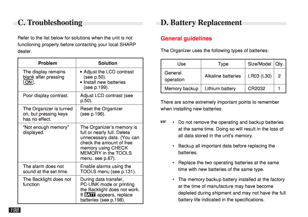 Sharp OZ-5600 operation manual C. Troubleshooting, D. Battery Replacement, General guidelines 