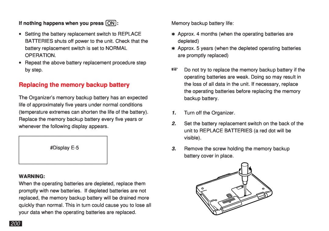 Sharp OZ-5600 operation manual Replacing the memory backup battery, If nothing happens when you press ON 