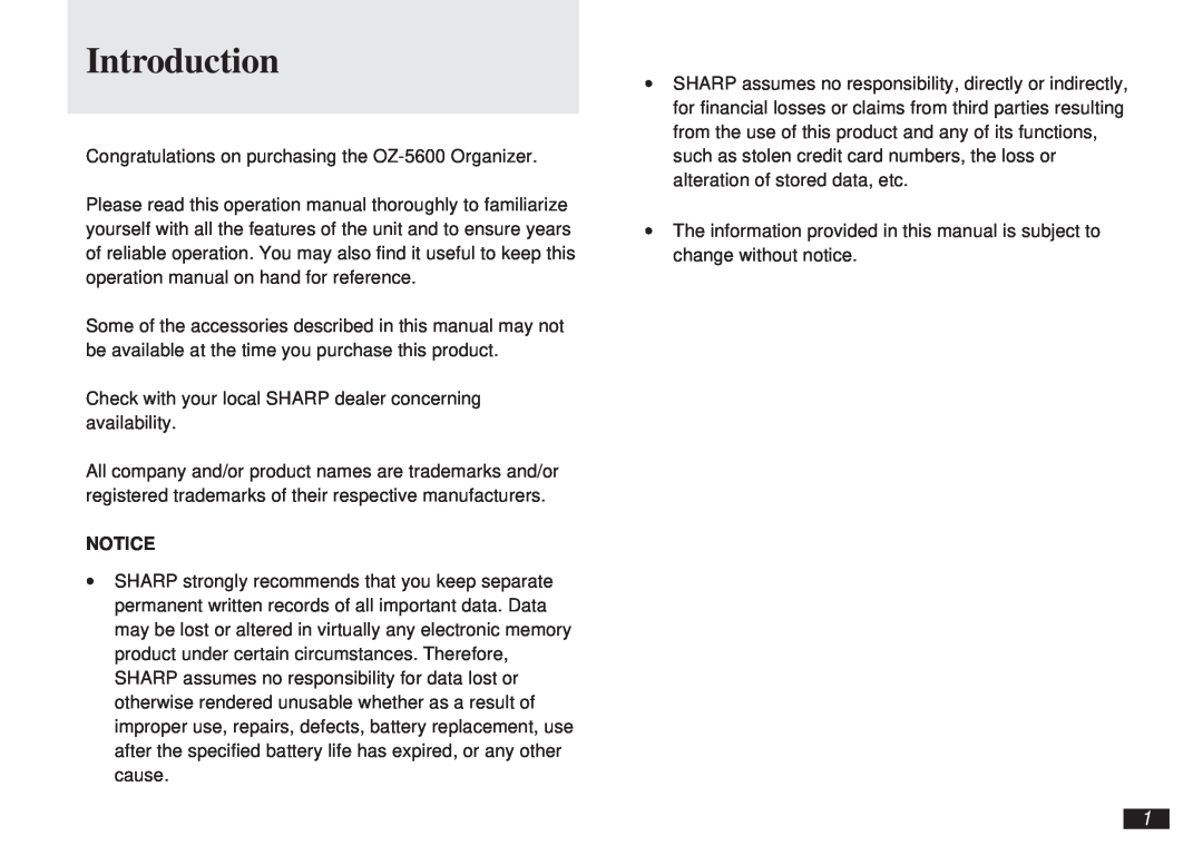 Sharp OZ-5600 operation manual Introduction 