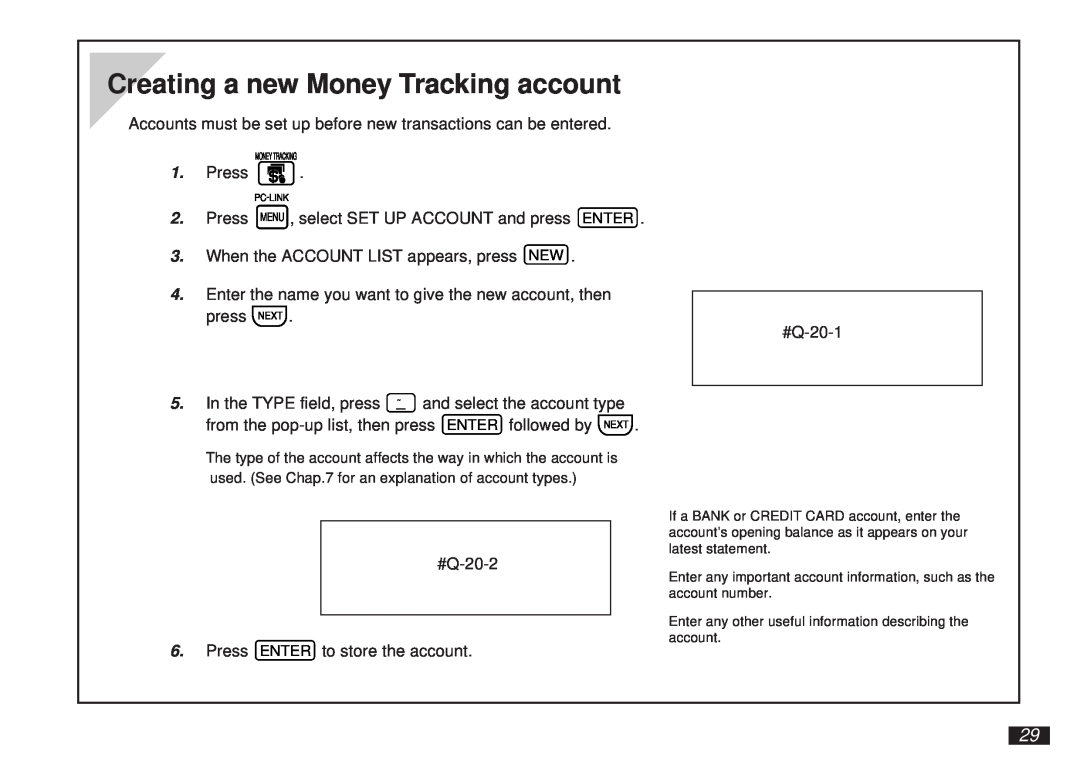 Sharp OZ-5600 Creating a new Money Tracking account, The type of the account affects the way in which the account is 