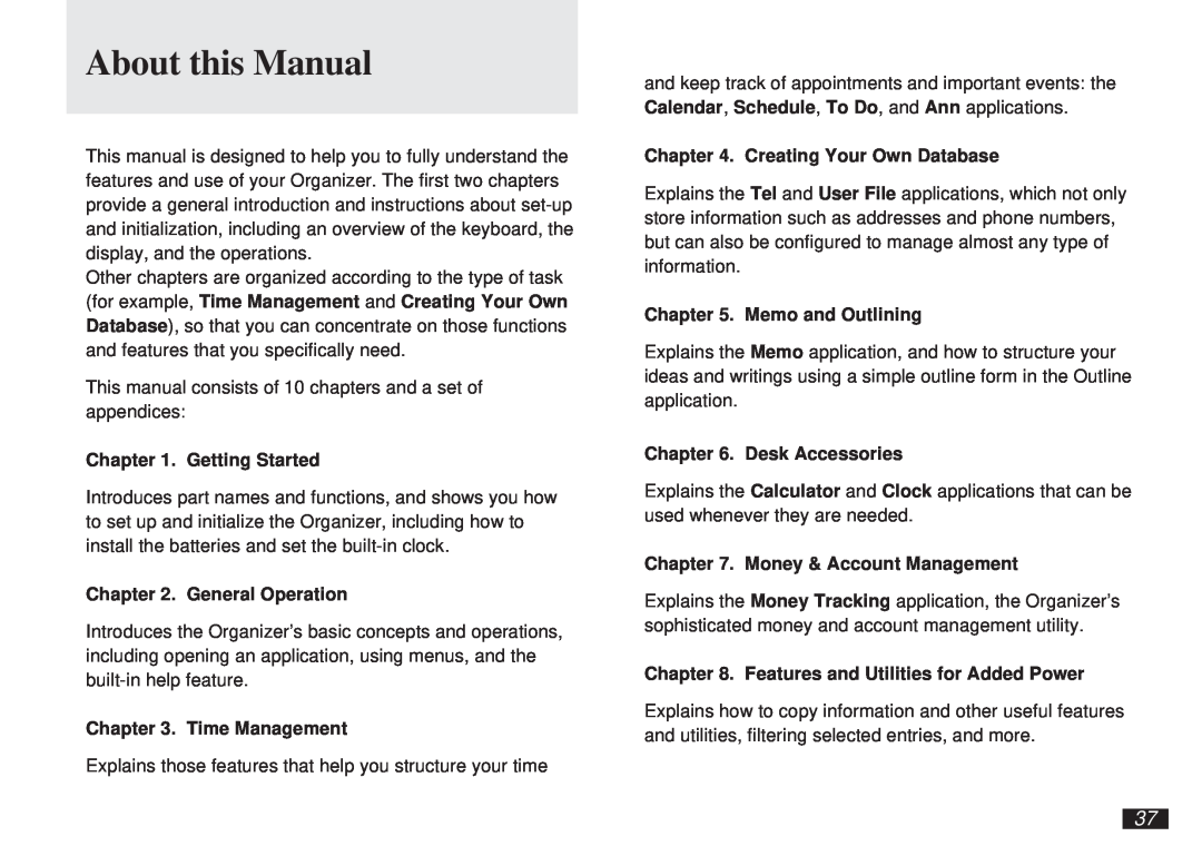 Sharp OZ-5600 About this Manual, Getting Started, General Operation, Time Management, Creating Your Own Database 