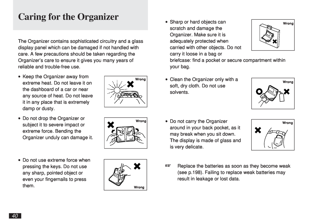 Sharp OZ-5600 operation manual Caring for the Organizer, ∙ Clean the Organizer only with a 