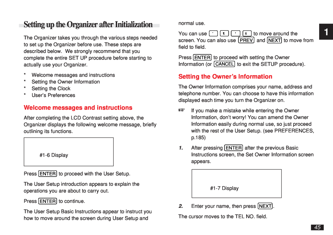 Sharp OZ-5600 operation manual Setting up the Organizer after Initialization, Welcome messages and instructions 