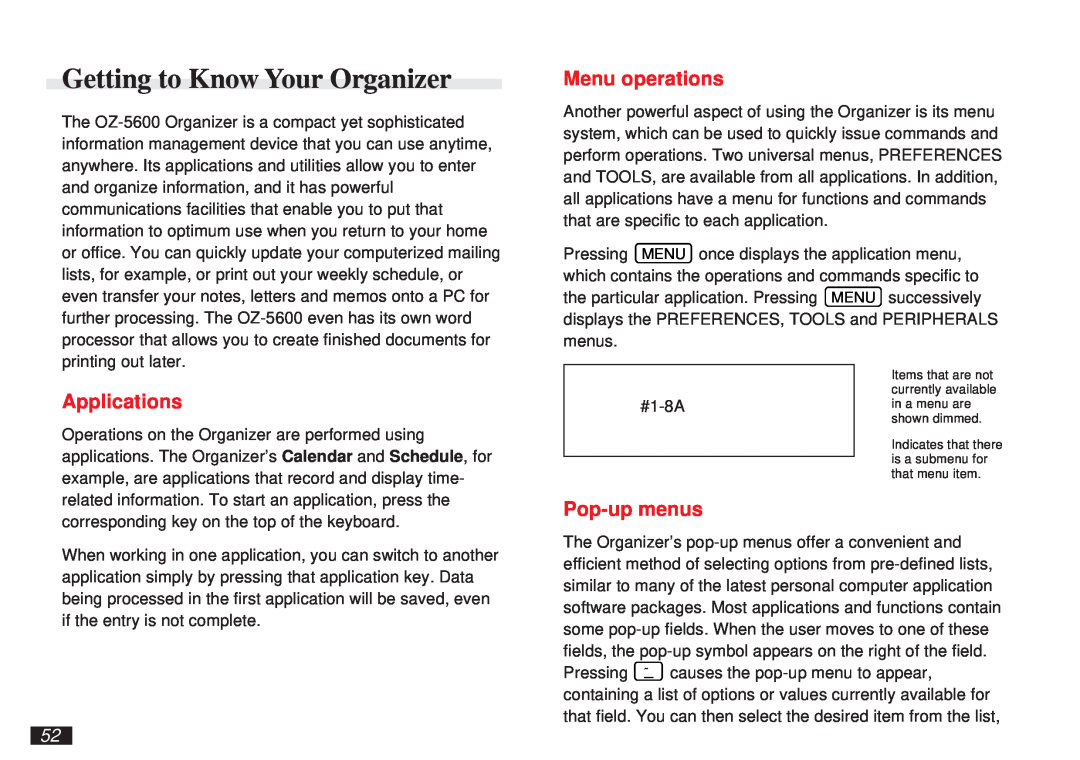 Sharp OZ-5600 operation manual Getting to Know Your Organizer, Menu operations, Applications, Pop-up menus 