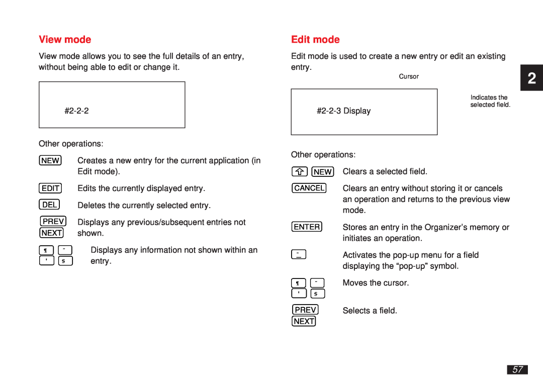 Sharp OZ-5600 operation manual View mode, Edit mode, Cursor, Indicates the selected field 
