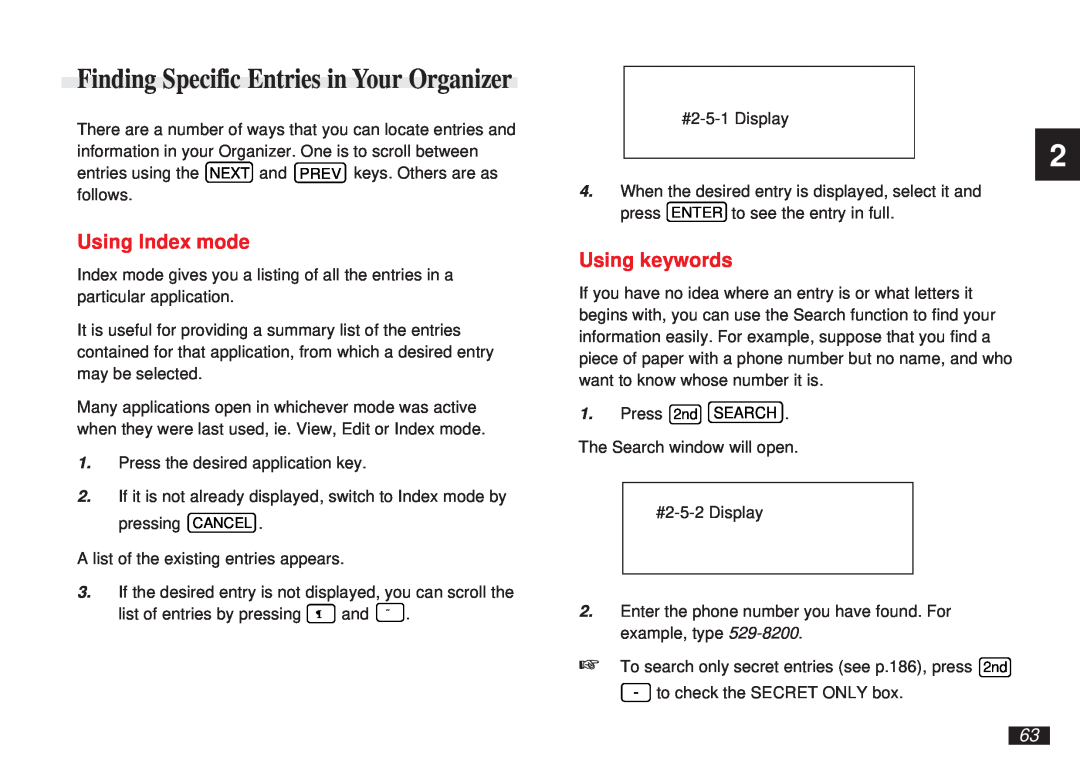 Sharp OZ-5600 operation manual Finding Specific Entries in Your Organizer, Using Index mode, Using keywords 