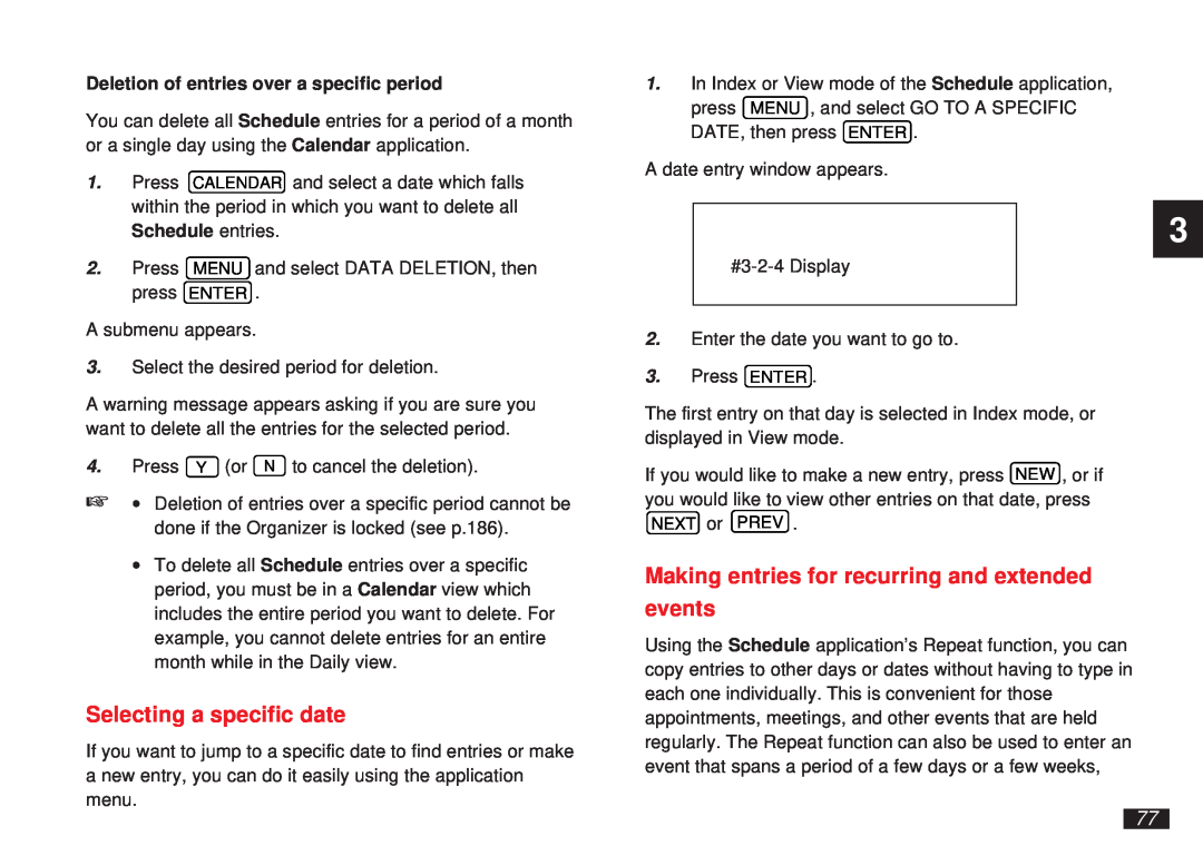Sharp OZ-5600 operation manual Selecting a specific date, Making entries for recurring and extended events 