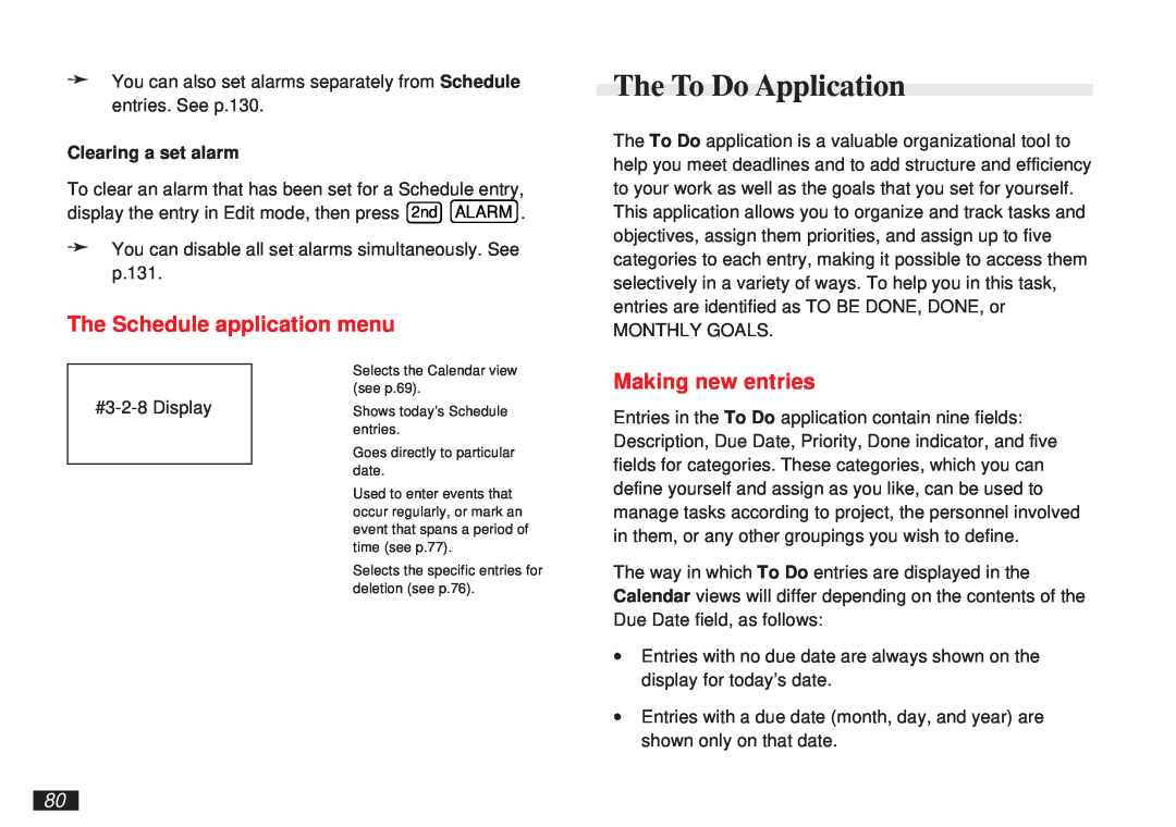 Sharp OZ-5600 The To Do Application, The Schedule application menu, Making new entries, Clearing a set alarm 