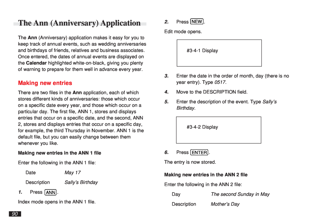 Sharp OZ-5600 The Ann Anniversary Application, Making new entries, Sally’s Birthday, The second Sunday in May 