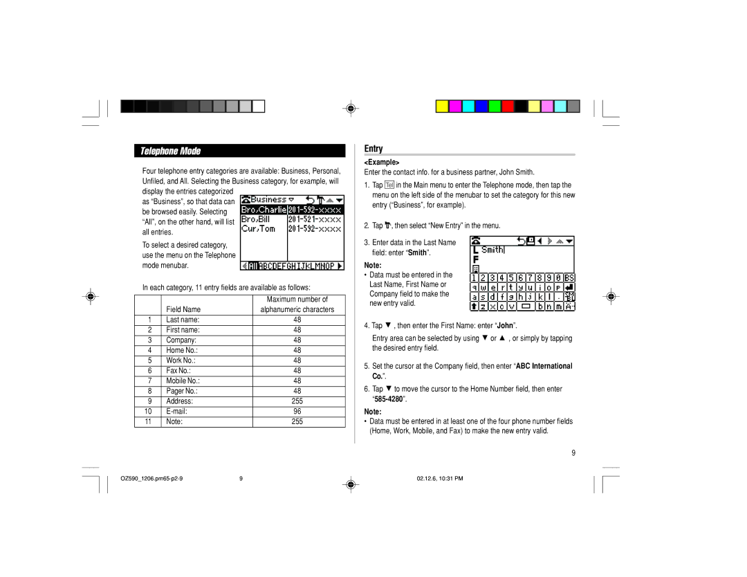 Sharp OZ-590 operation manual Telephone Mode, Entry, Example 