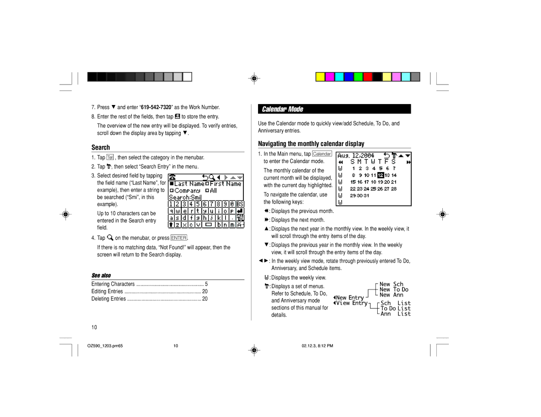 Sharp OZ-590 operation manual Calendar Mode, Search, Navigating the monthly calendar display 