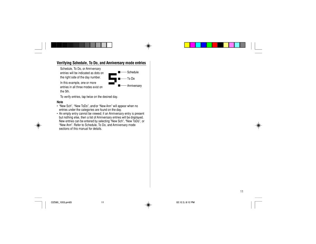 Sharp OZ-590 operation manual Verifying Schedule, To Do, and Anniversary mode entries 