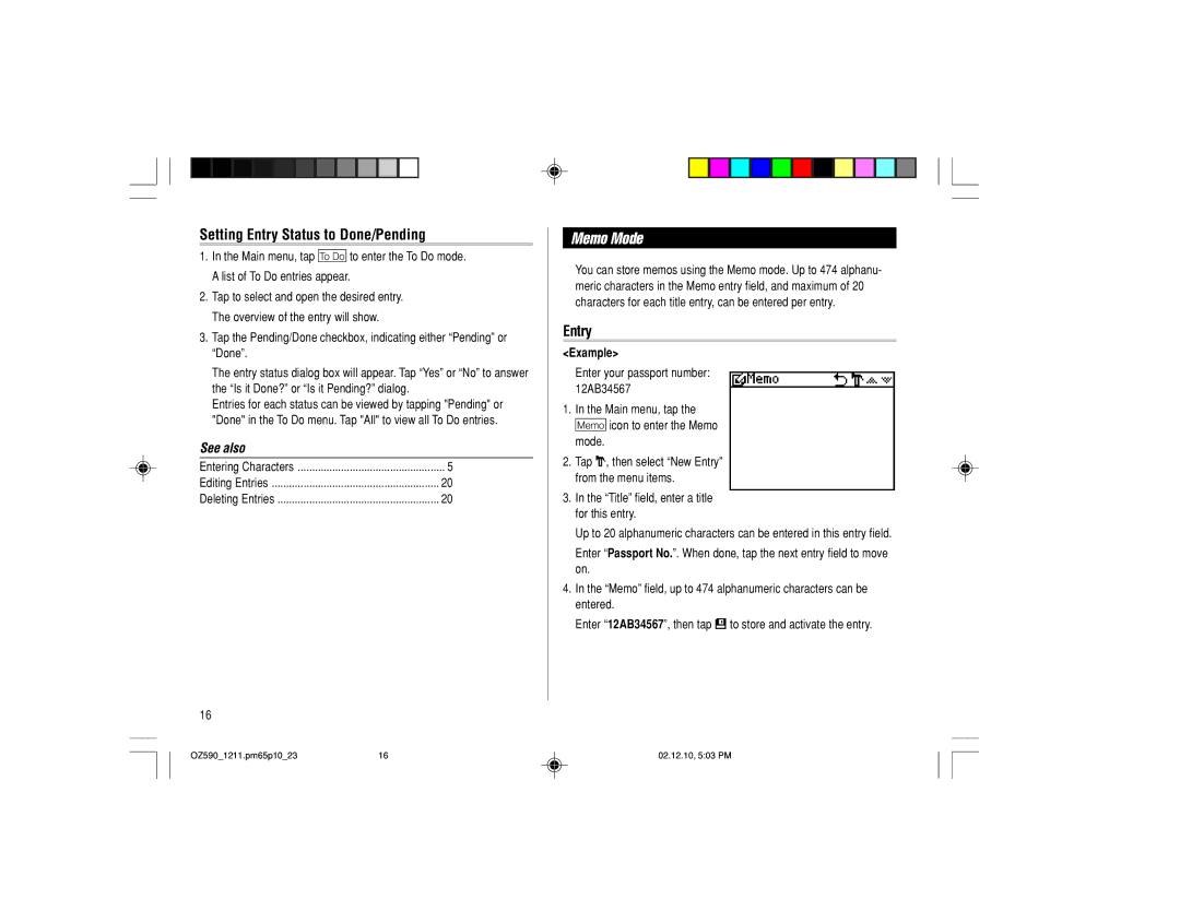 Sharp OZ-590 operation manual Memo Mode, Setting Entry Status to Done/Pending 