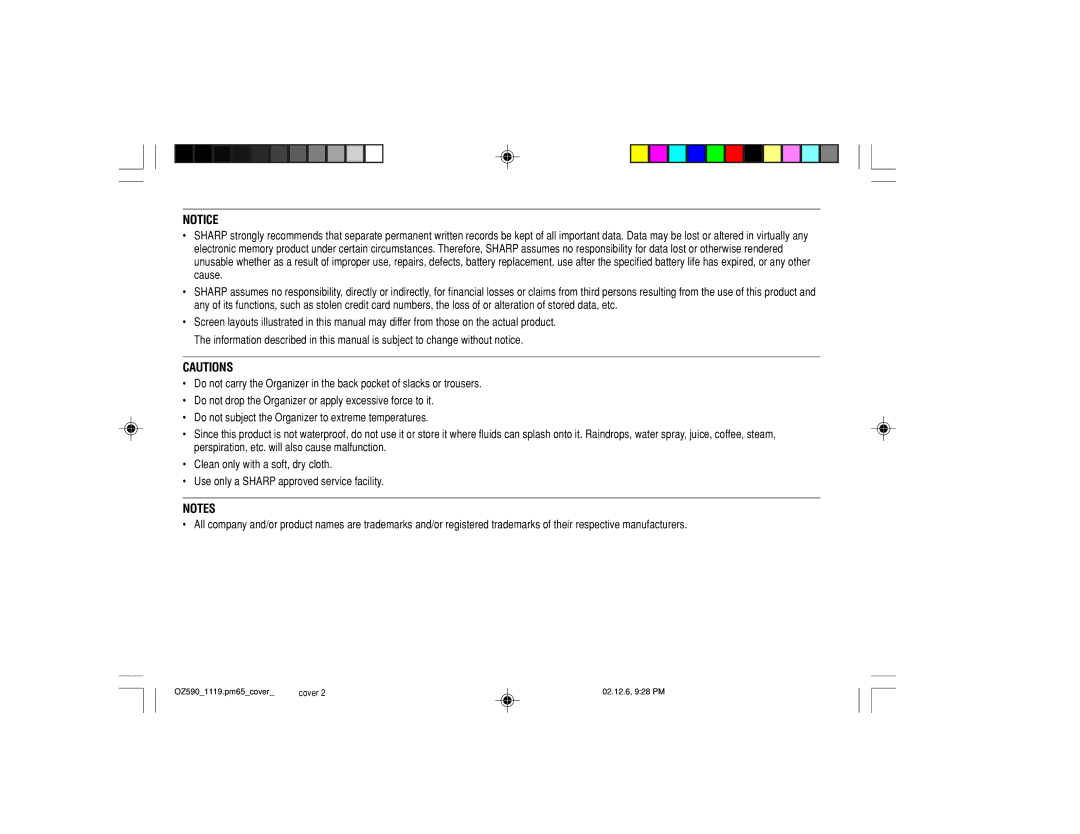 Sharp OZ-590 operation manual OZ5901119.pm65cover Cover 02.12.6, 928 PM 