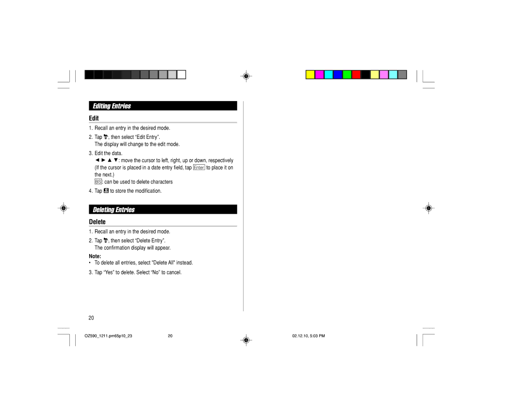 Sharp OZ-590 operation manual Editing Entries, Deleting Entries, Delete 