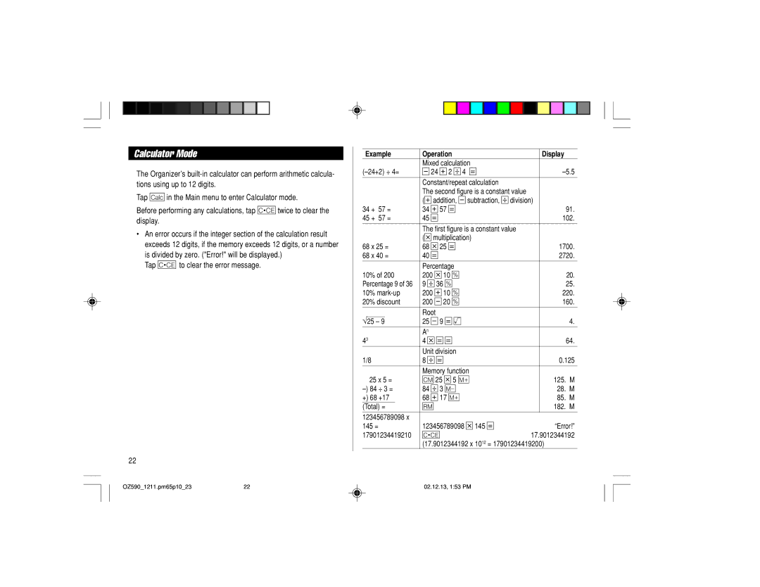 Sharp OZ-590 operation manual Calculator Mode, Example Operation Display 