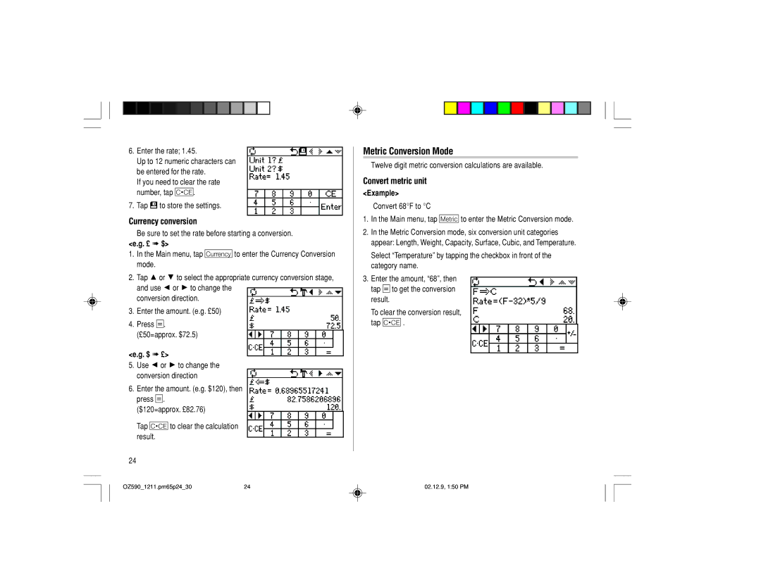 Sharp OZ-590 operation manual Metric Conversion Mode, Currency conversion, Convert metric unit, £ $, $ £ 