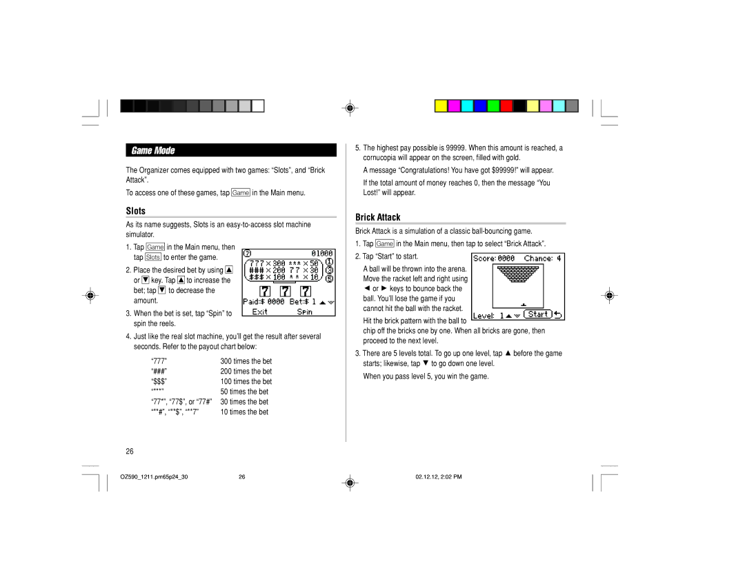 Sharp OZ-590 operation manual Game Mode, Slots, Brick Attack 