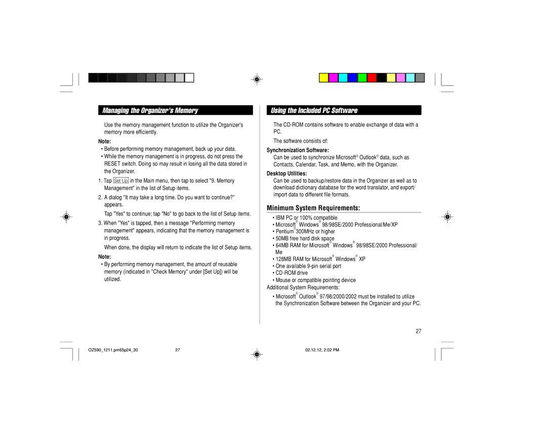 Sharp OZ-590 operation manual Managing the Organizers Memory, Using the Included PC Software, Minimum System Requirements 