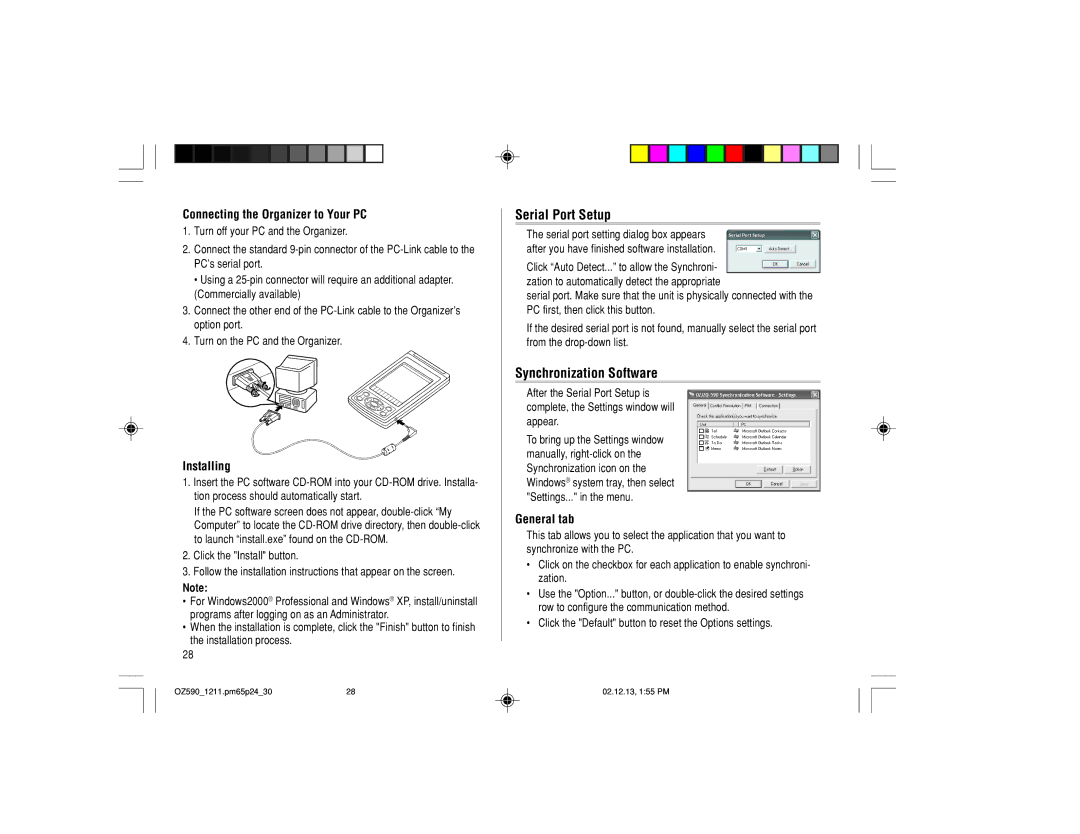 Sharp OZ-590 Serial Port Setup, Synchronization Software, Connecting the Organizer to Your PC, Installing, General tab 