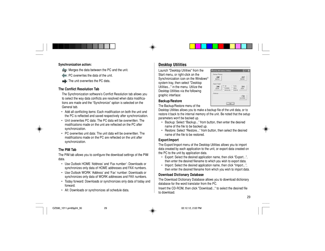 Sharp OZ-590 operation manual Desktop Utilities, Synchronization action 