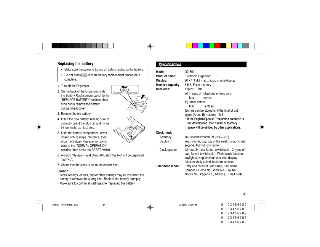 Sharp OZ-590 operation manual Specifications, Replacing the battery 