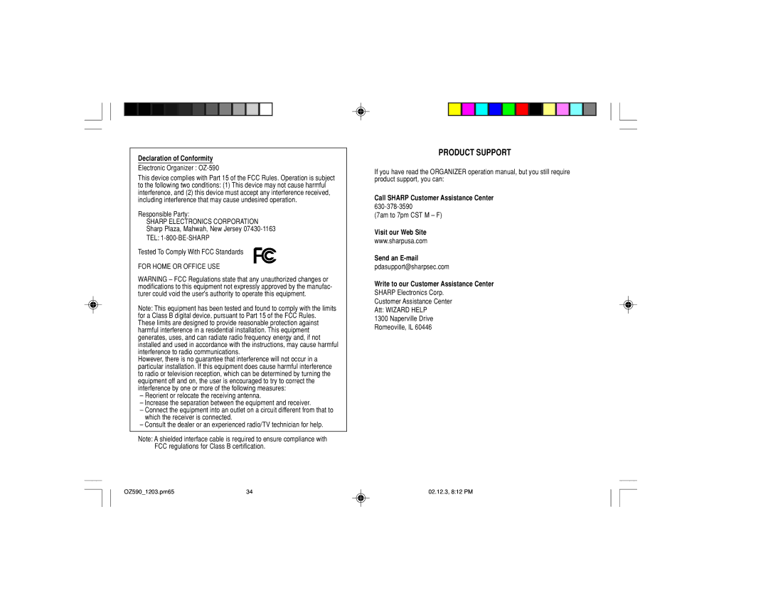 Sharp OZ-590 operation manual Product Support 