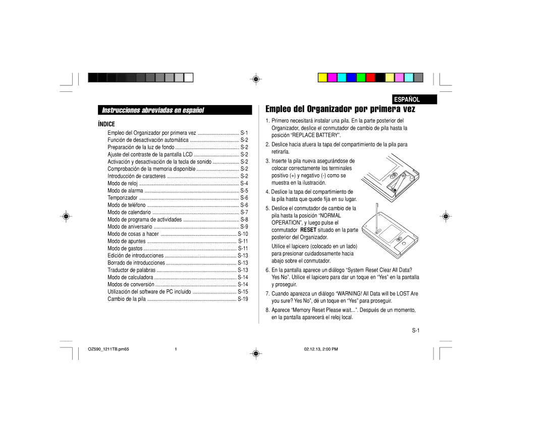 Sharp OZ-590 operation manual Instrucciones abreviadas en español, Índice 