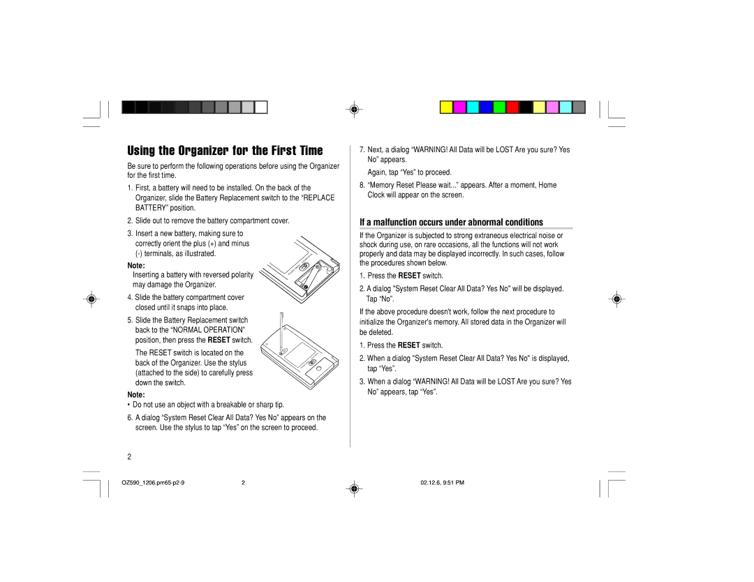 Sharp OZ-590 operation manual Using the Organizer for the First Time, If a malfunction occurs under abnormal conditions 