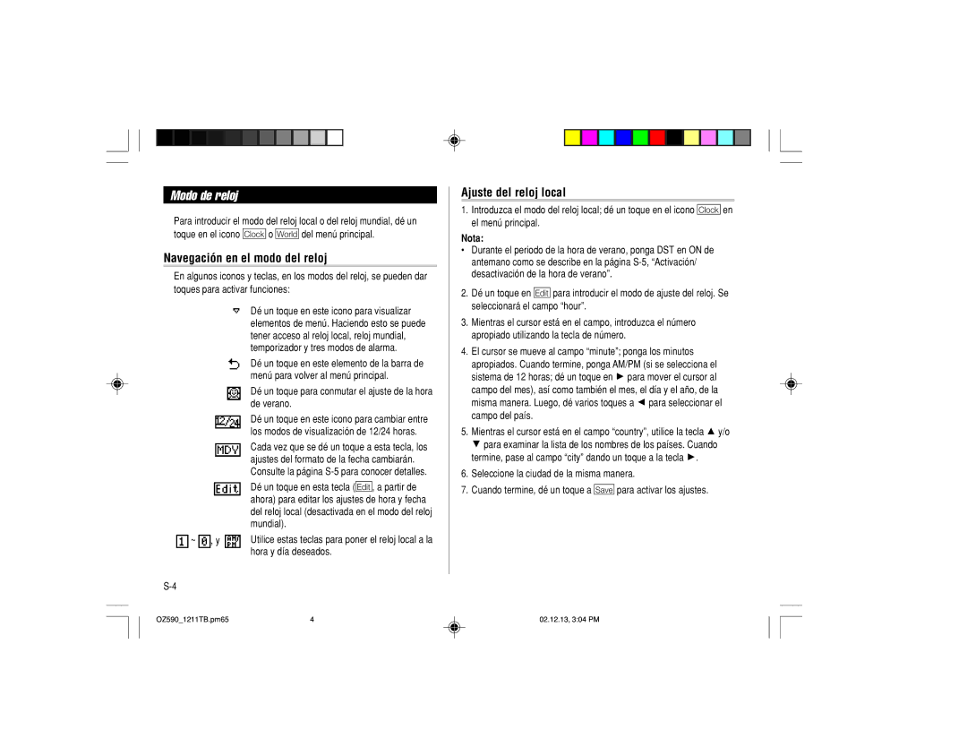 Sharp OZ-590 operation manual Modo de reloj, Navegación en el modo del reloj, Ajuste del reloj local, Nota 