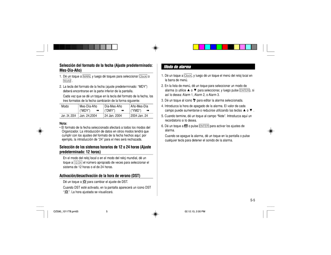 Sharp OZ-590 operation manual Modo de alarma, Activación/desactivación de la hora de verano DST 