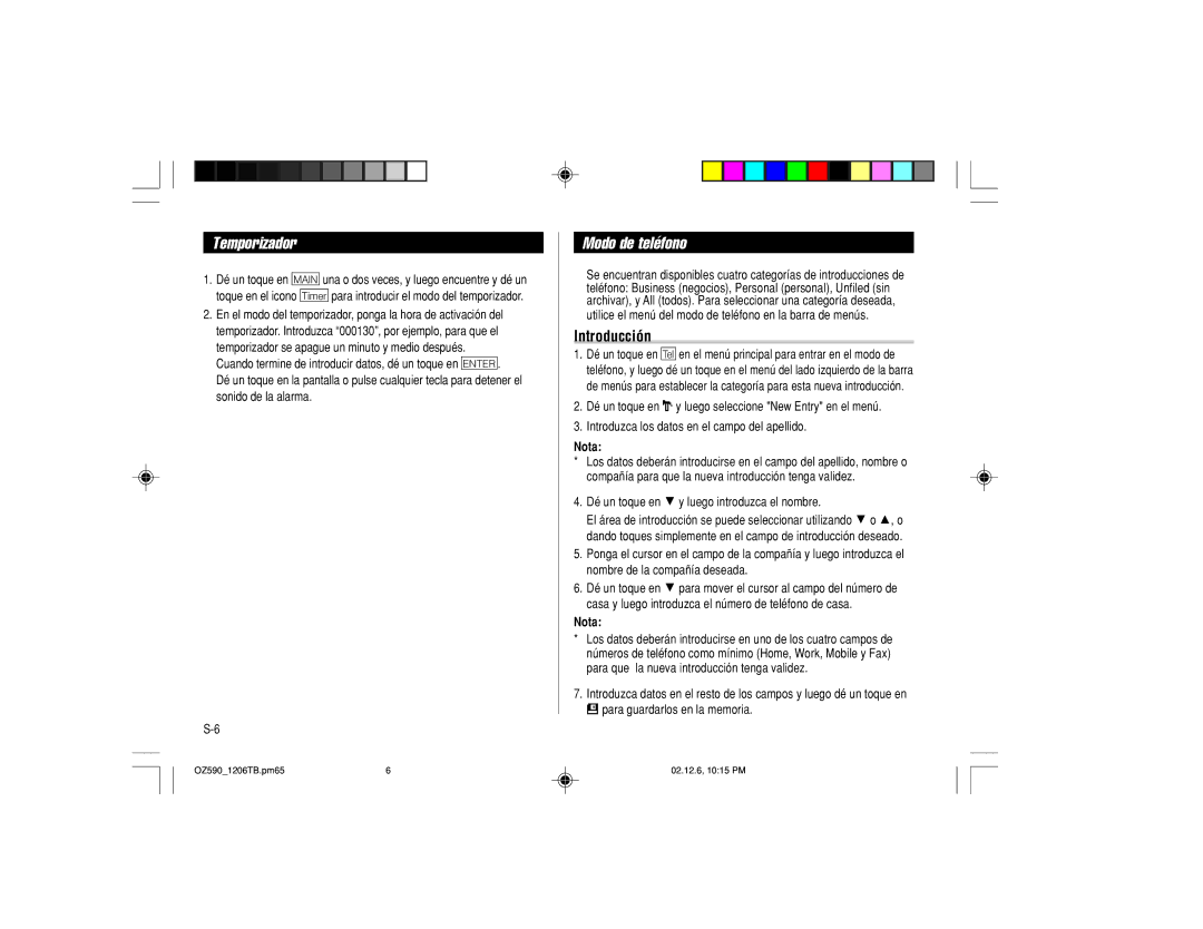 Sharp OZ-590 operation manual Temporizador, Modo de teléfono, Introducción 