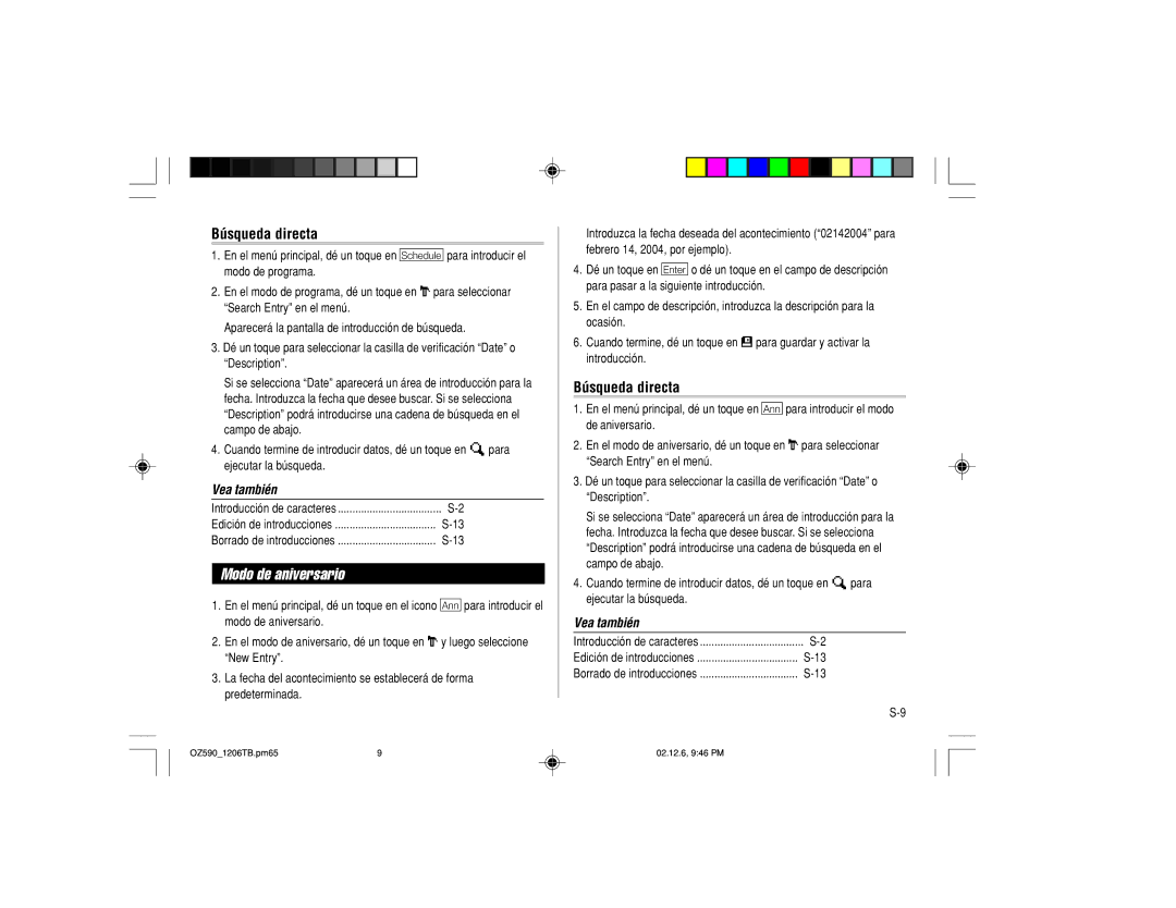 Sharp OZ-590 operation manual Modo de aniversario, Búsqueda directa 