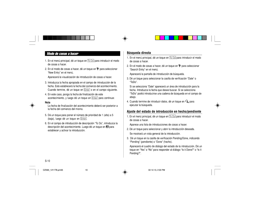 Sharp OZ-590 operation manual Modo de cosas a hacer, Ajuste del estado de introducción en hecho/pendiente 