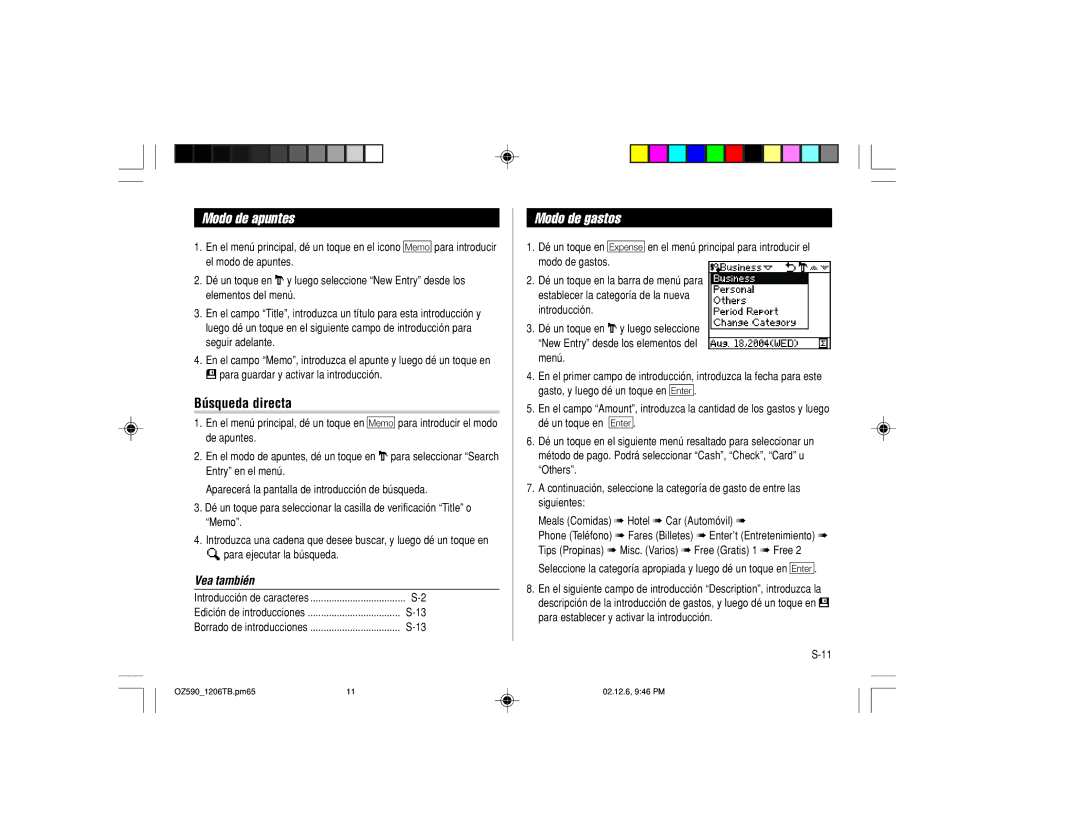 Sharp OZ-590 operation manual Modo de apuntes, Modo de gastos 