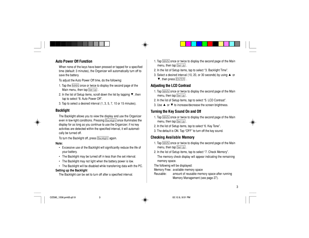 Sharp OZ-590 Auto Power Off Function, Backlight, Adjusting the LCD Contrast, Turning the Key Sound On and Off 