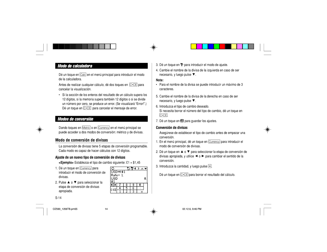 Sharp OZ-590 Modo de calculadora, Modos de conversión, Modo de conversión de divisas, Conversión de divisas 