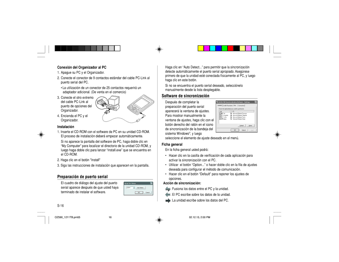 Sharp OZ-590 operation manual Preparación de puerto serial, Software de sincronización, Acción de sincronización 