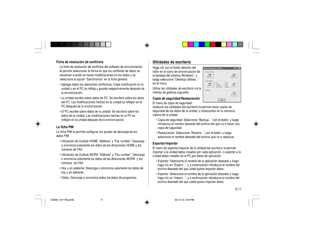 Sharp OZ-590 operation manual Utilidades de escritorio, Ficha de resolución de conflictos 