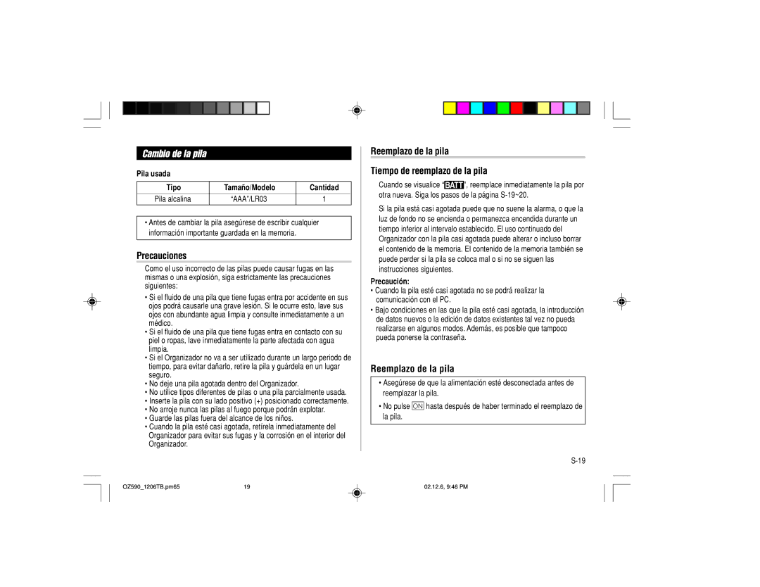Sharp OZ-590 Cambio de la pila, Precauciones, Reemplazo de la pila Tiempo de reemplazo de la pila, Precaución 